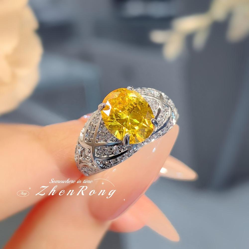 Elegant Oval Yellow Diamond Ring for Women with High Carbon Diamond Radiant Cut Minimalist Style Unique and Versatile