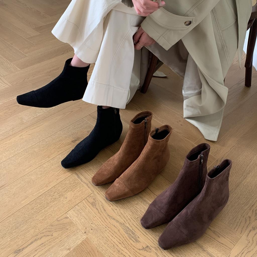 2025 Autumn New Square Head Inner Slope Heel Suede Thin Chelsea Martin Women's Short Boots Spice Girls Naked Boots