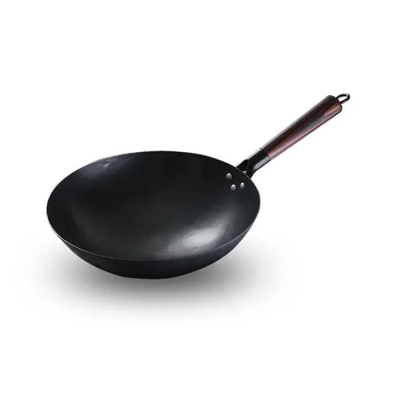 

Wok Burner Traditional Authentic Hand Hammered Carbon Steel Round Bottom Stir Fry Pans Birch Handle Wok Pan Diameter 30cm