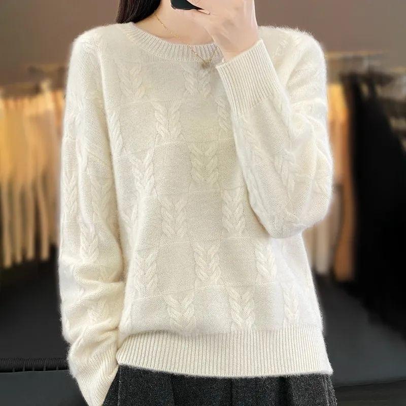 Loose Sweater Women's Round-neck Cut-out Knitted Sweater Loose Solid Color Casual Pullover for Autumn and Winter