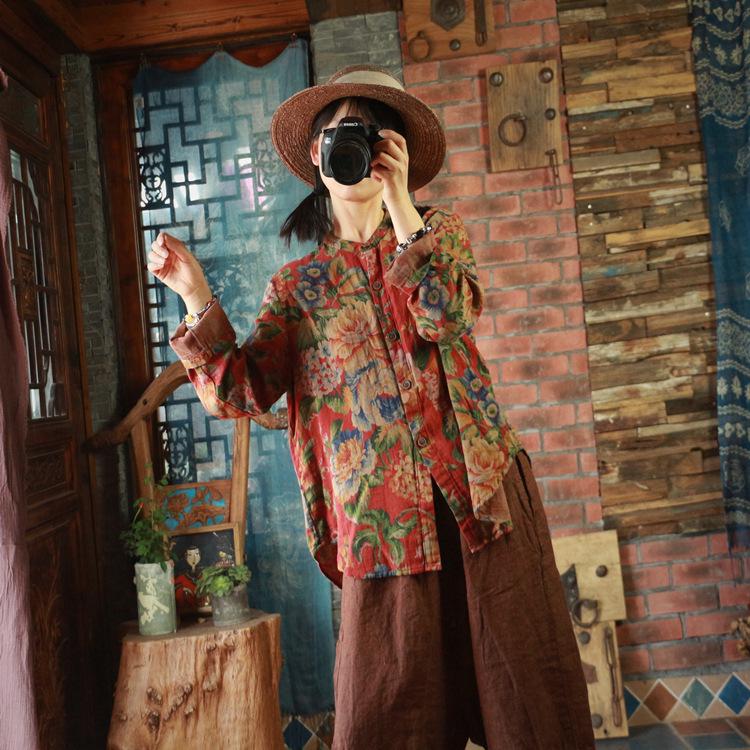 Retro Floral Double Layer Cotton Gauze Loose Fit Shirt - 1962 Yan Qing