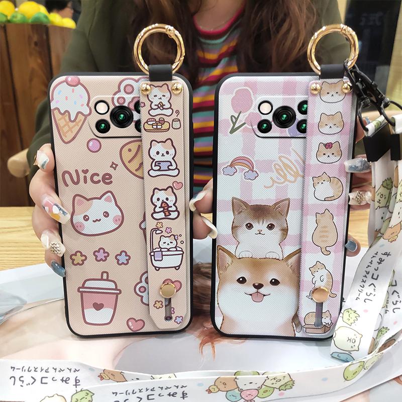 Anti-dust Kickstand Phone Case For Xiaomi Poco X3 NFC/X3 Pro Wristband Lanyard Dirt-resistant Back Cover Cartoon Ring
