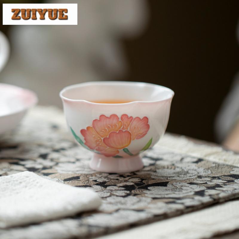 90ML Gradient Ramp Hand Drawn Tulip Flower Mouth Teacup Zen Tea Bowl Mug Tea-tasting Meditation Cup Jianzhan Master Cups Cafes