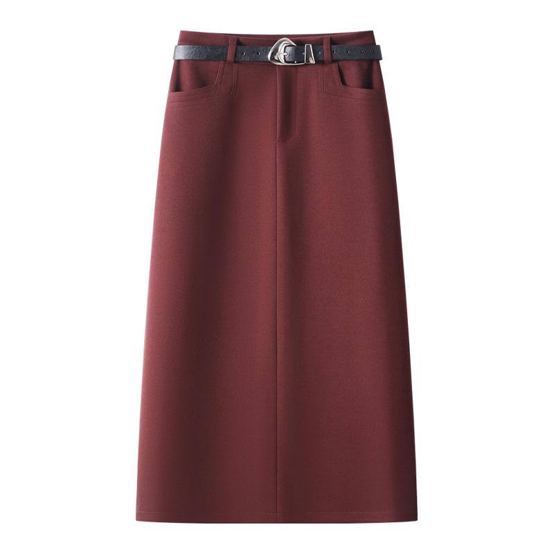 Women's 2024 Khaki Wool Midi Skirt: New Autumn/Winter Straight-Cut, Mid-Length Slit, Bodycon Design.
