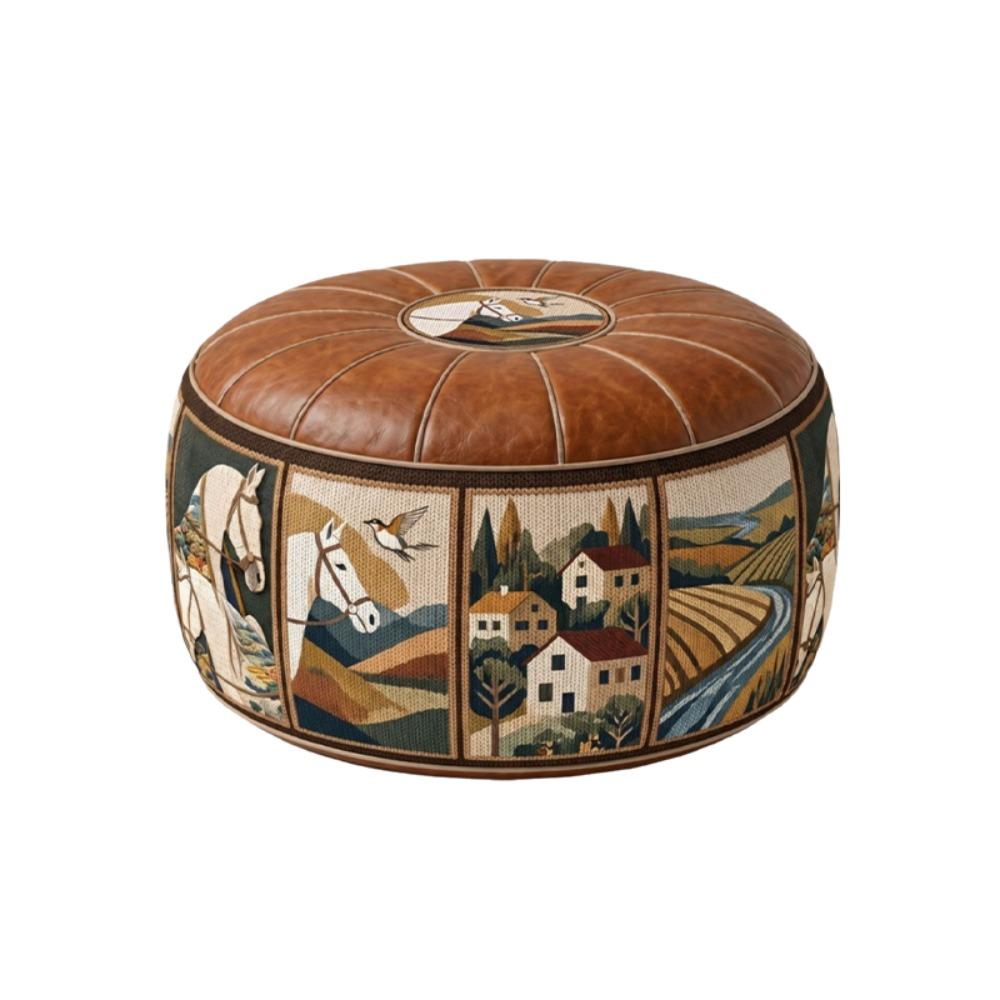 Unfilled Oil Painting Pattern Stool Cover PU Leather Floor Seat Cushion Home Decor