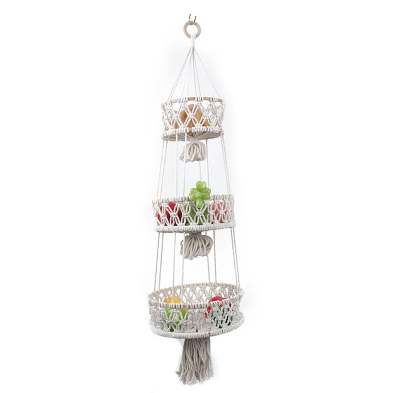 Hanging Fruit Basket 3 Tier Woven Cotton Rope Wall Baskets Kitchen Produce Storage Plant Holder Macrame Boho Home X3UC