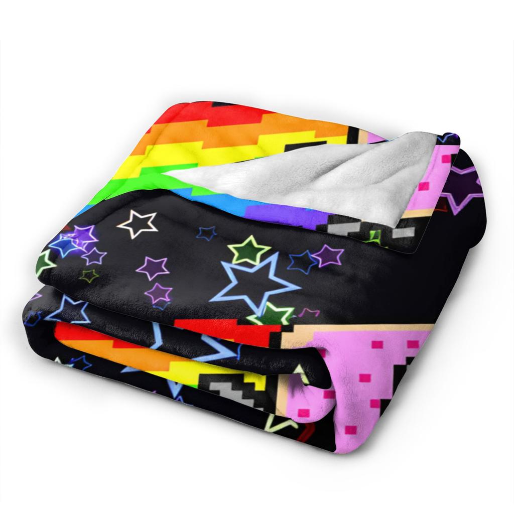 Cat Rainbow Pixel Space Nyan Super Warm Blankets Children Plush Throw Blanket Novelty Couch Chair Flannel Bedspread Sofa Bed