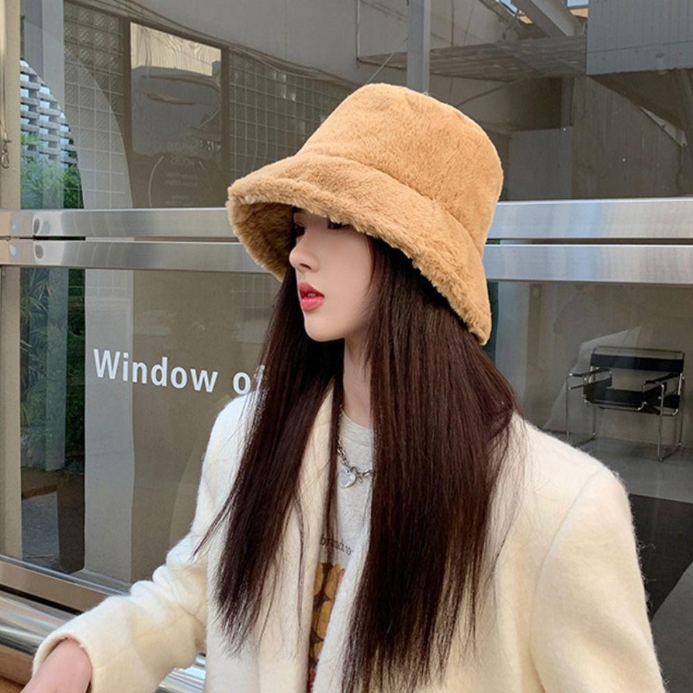 Faux Fur Bucket Hat Soft Flat Top Cap Gift Fisherman's Cap  Women Lady