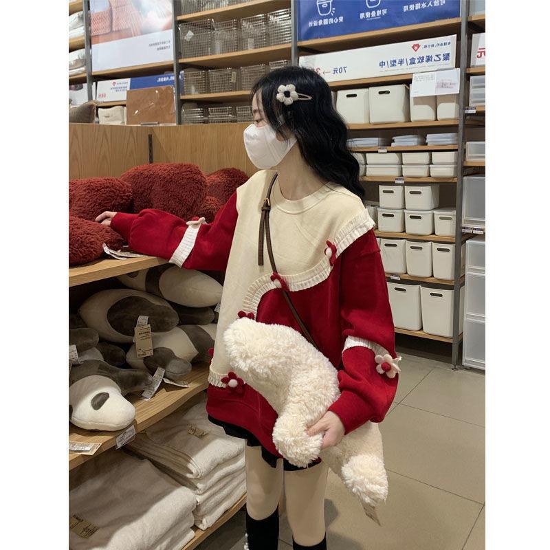 Women 3D Floral Contrasting Hoodies Japanese Sweet Style Wavy Sweatshirt Autumn Loose Ladies Round Neck Pullover Tops