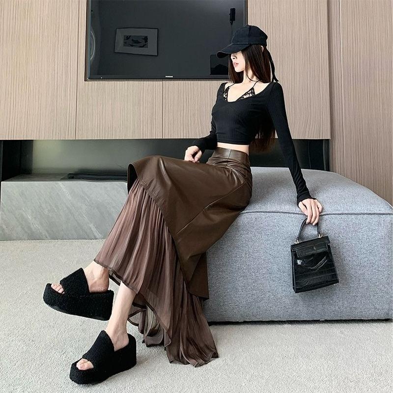 High Waist PU Leather Patchwork A Line Long Skirt Women Autumn Fashion  Pencil Skirt