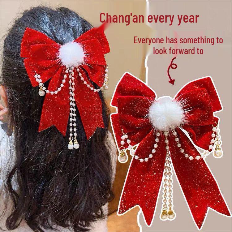 

Girls New Year Red Bun Headdress with Bow Hair Clip