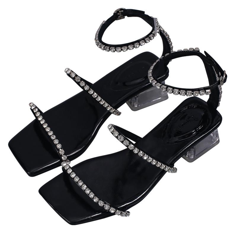 Square head thin strap niche high-end sandals 2025 rhinestone temperament sexy low-heeled open-toed Roman shoes exquisite