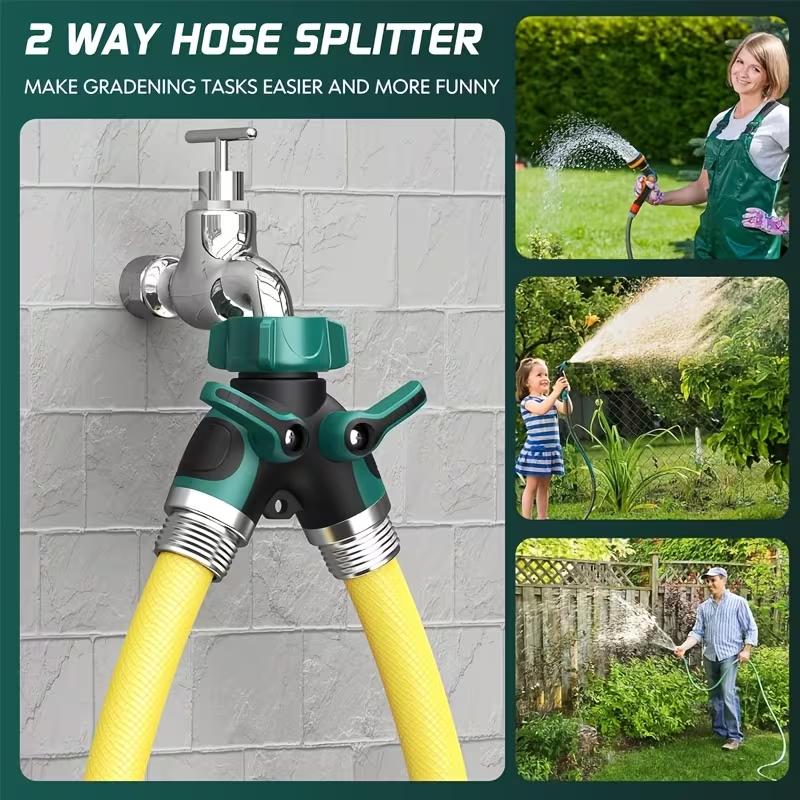 2-Way Hose Splitter with 2 Valves,  Water Pipe Diverter Double Outlet Y Connector with Individual Shut Off Valve,Suitable for Outdoor Garden Watering