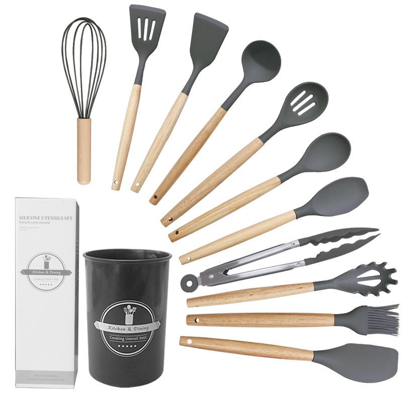 12-Piece Eco-Friendly Kitchen Utensil Set Wooden Handles Silicone Cooking Shovel Spoon Food Safe Microwave Kitchen Gadget Tools