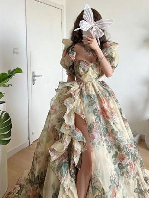 Floral Print Evening Party Dress Women 2026 Puff Sleeve Elegant Princess Long Dres Ladies France Vintage Open Fork Dress Summer