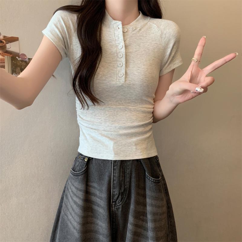 2026 Summer Korean-Style Slim Fit Short-Sleeve Button T-shirt for Women