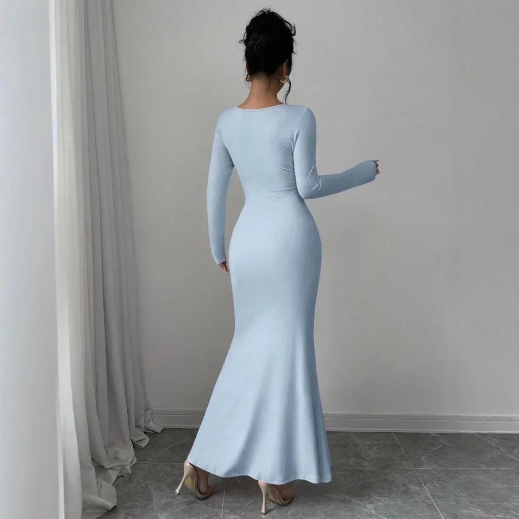 Elegant Long Sleeve Fish Tail Dress Women's Fashionable Slim Fit Sexy Gown Full Length Ankle Skirt Regular Waistline