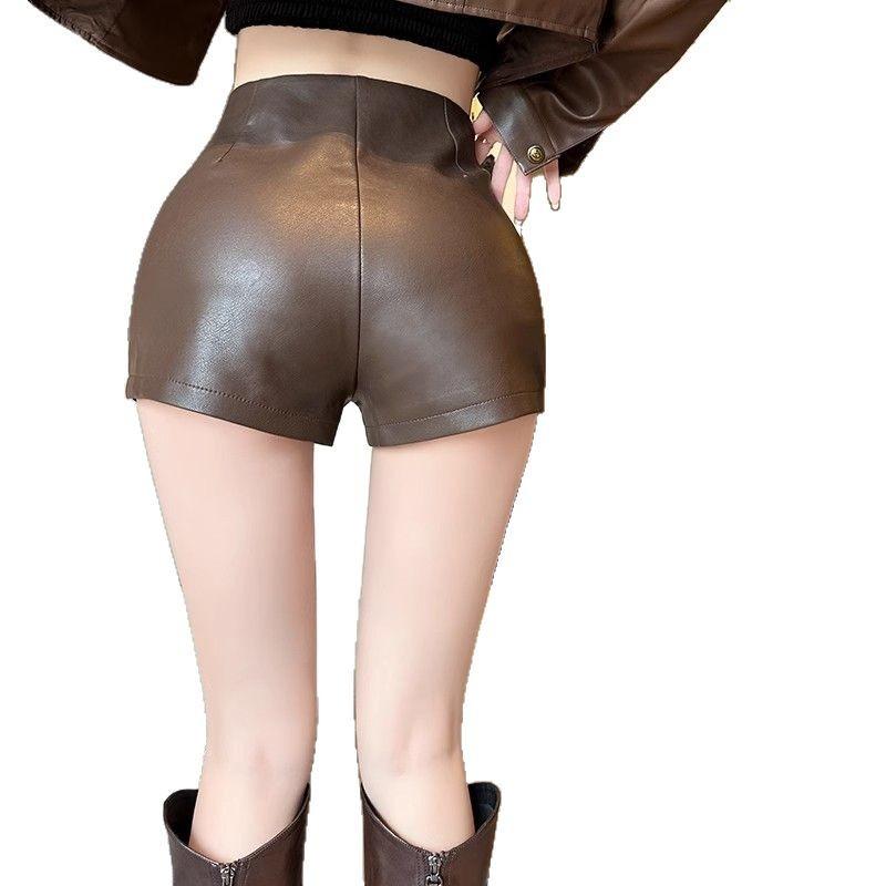 Damen XS Petite Länger Frühling Sexy Y2K Bodycon PU-Leder Shorts Außenbekleidung High Waist Hose Mini-Shorts Vielseitig Enganliegend Hot Pants