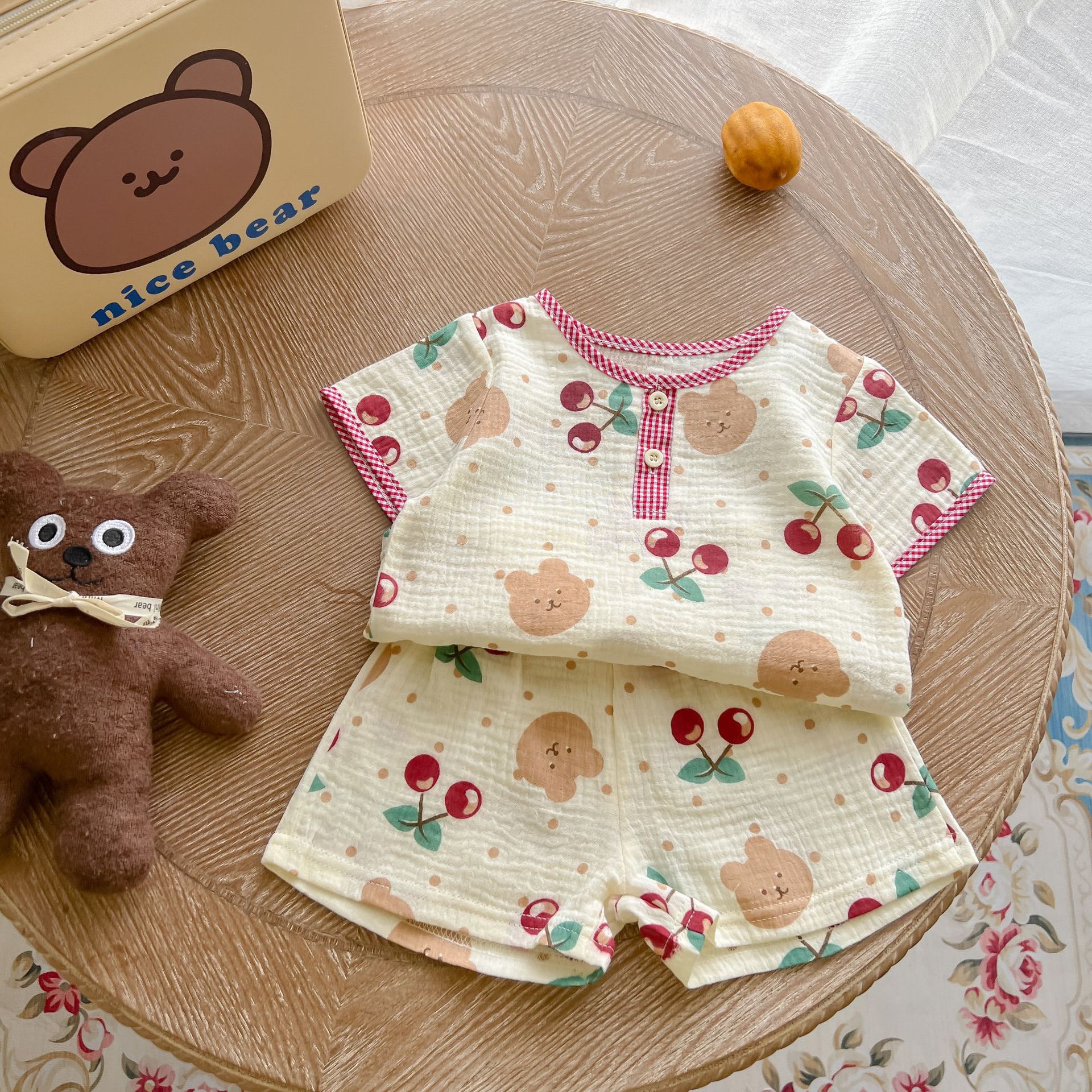 Baby Boy Girl Summer Cotton Gauze Printed Short Sleeve T Shirt and Shorts Set 66