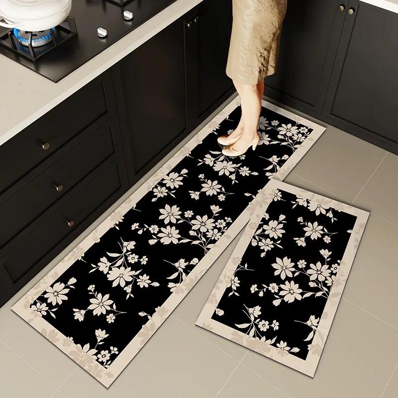 Carpet for Kitchen Non-slip Oil-resistant Erasable Leather Floor Mat Black Flower Water PVC Rugs Home Decoration Long Size Mats