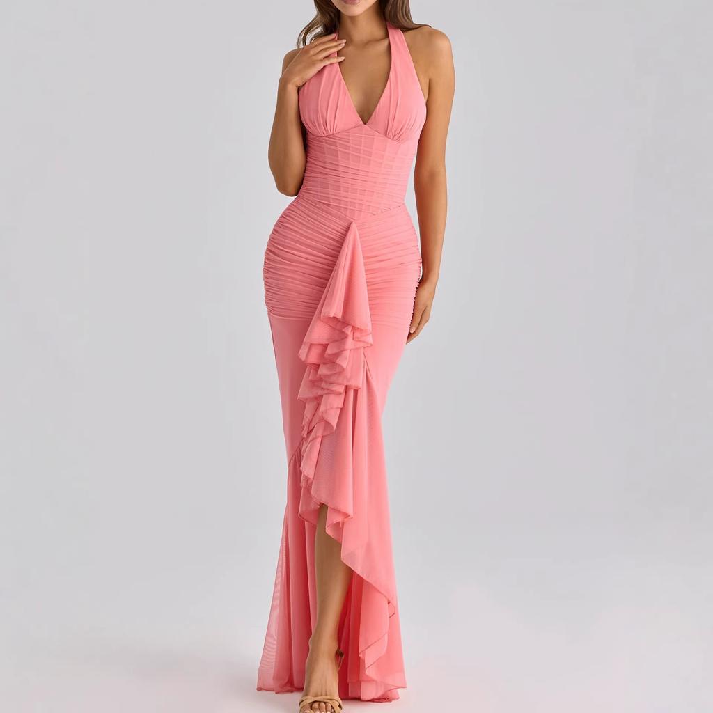 Spring 2026 European and American Cross-border New Neck Pleated Irregular Ruffle Edge Slim Dress Mesh Dress