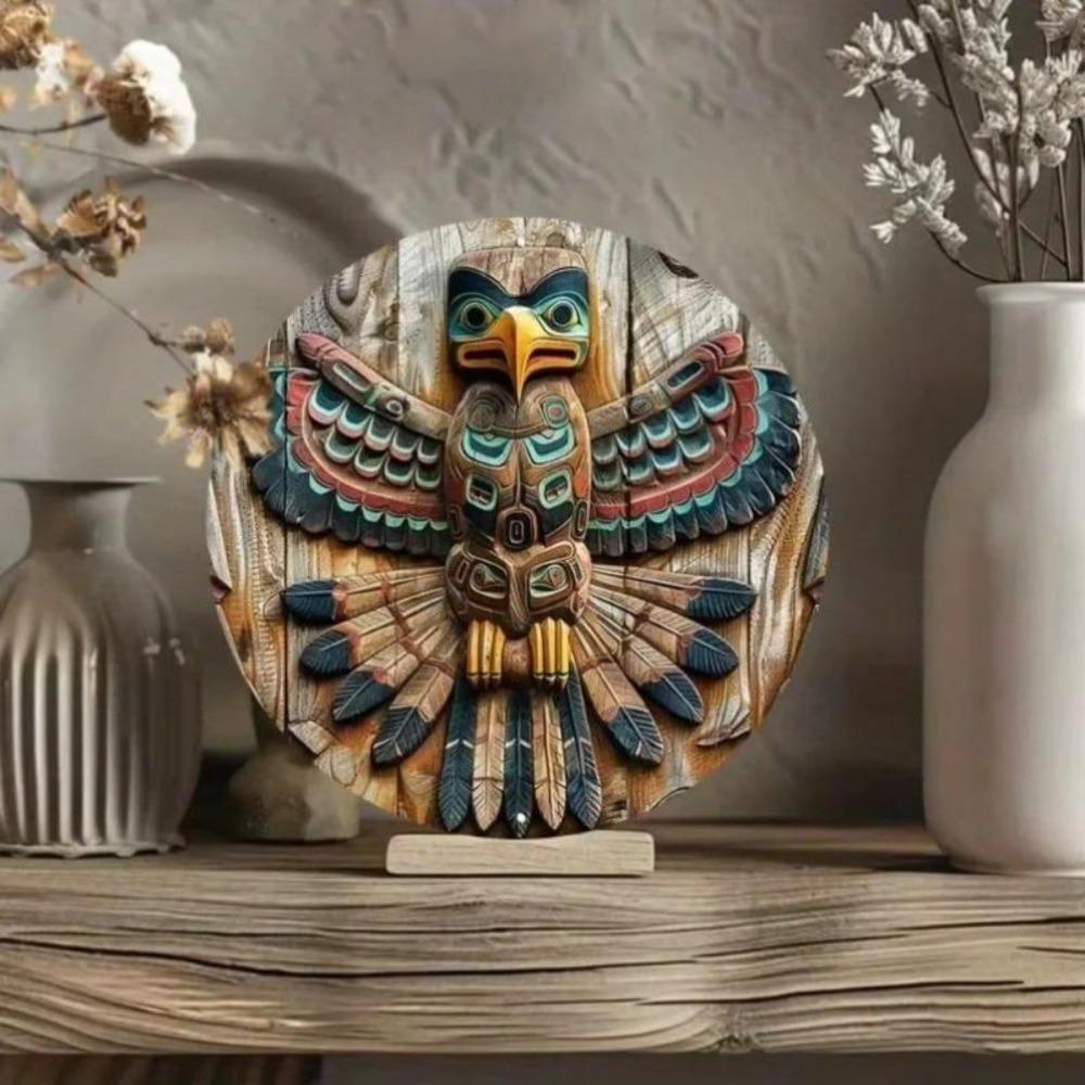 Vibrant Native American Totem Pole Metal Wall Art Round Sign Waterproof HD Aluminum