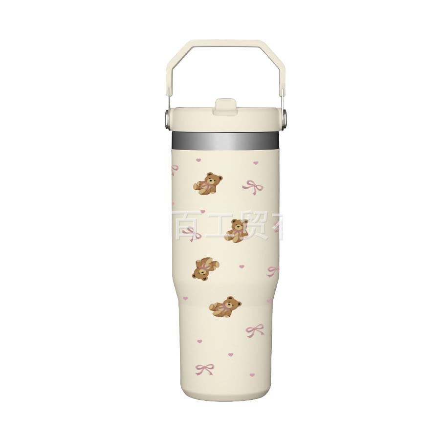 30oz Thermal Water Bottle With Straw Handle Stainless Steel Thermos Hot Coffee Tumbler Cup Car Gym Travel Insulated Thermal Mug