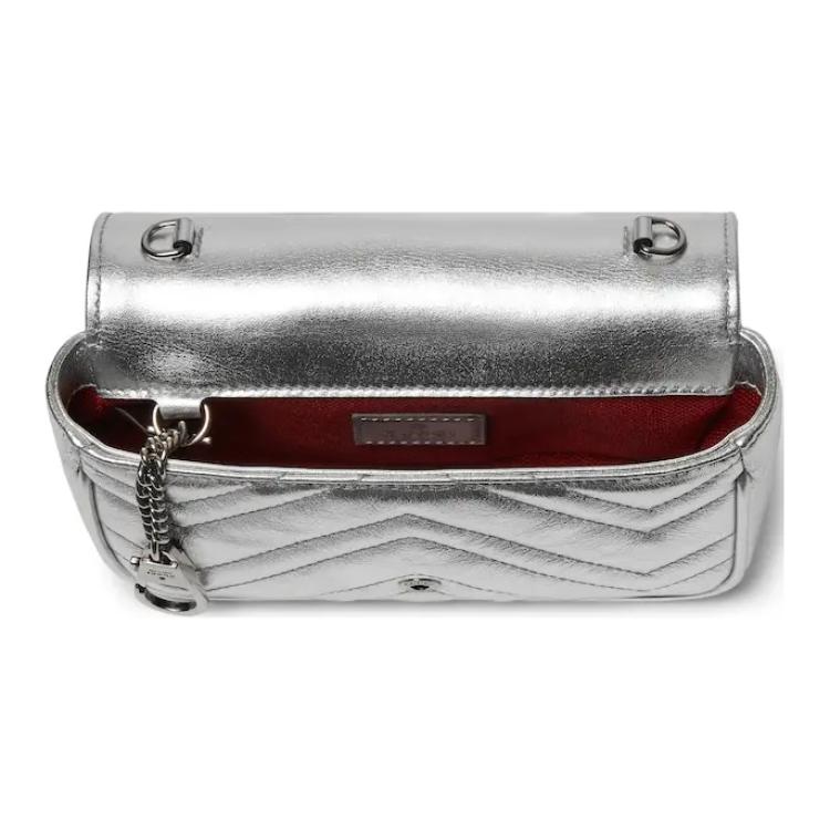 Gucci GG Marmont Silver Metallic Leather Chevron Quilted Mini Chain Crossbody Bag For Women Daily Use
