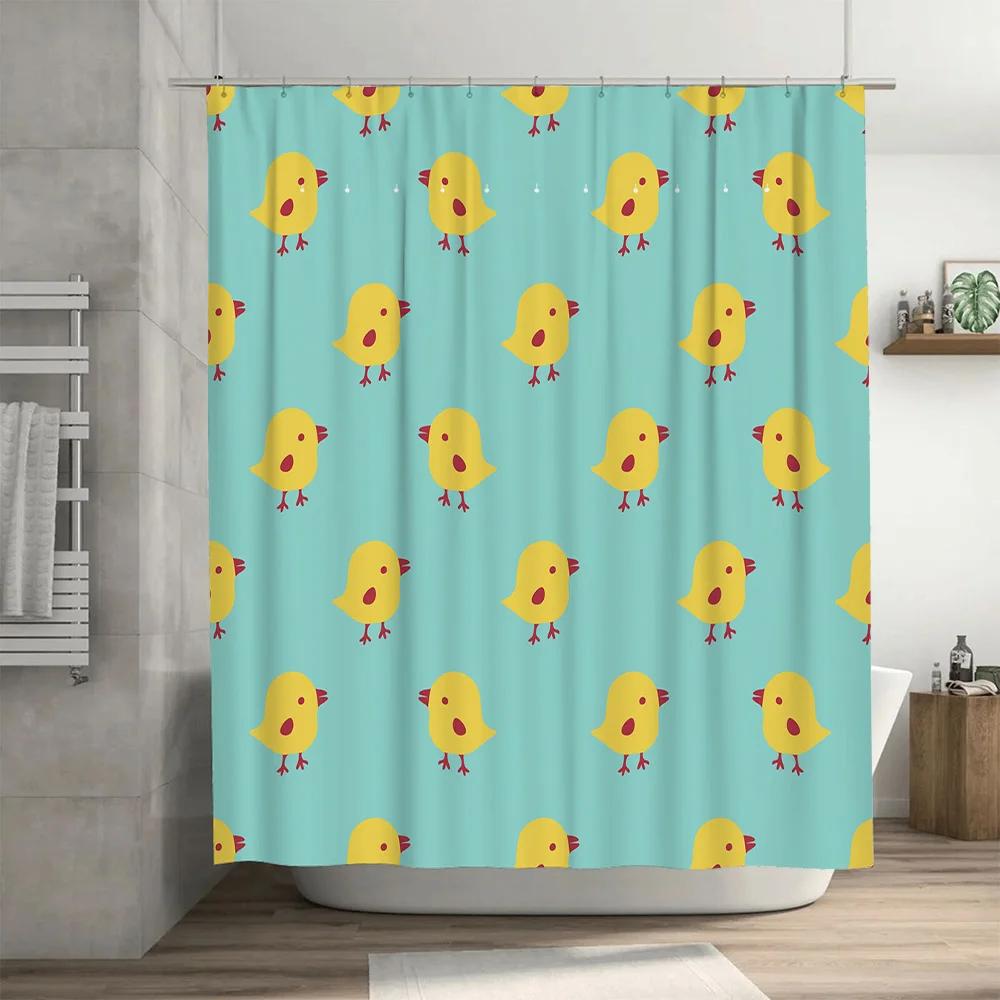 Bright Blue Chickens Shower Curtain Set 72\W x 84\L Bathroom Decor with Hooks (Set of 3) Cute Kids' Bath Tarp with Non-Slip Back