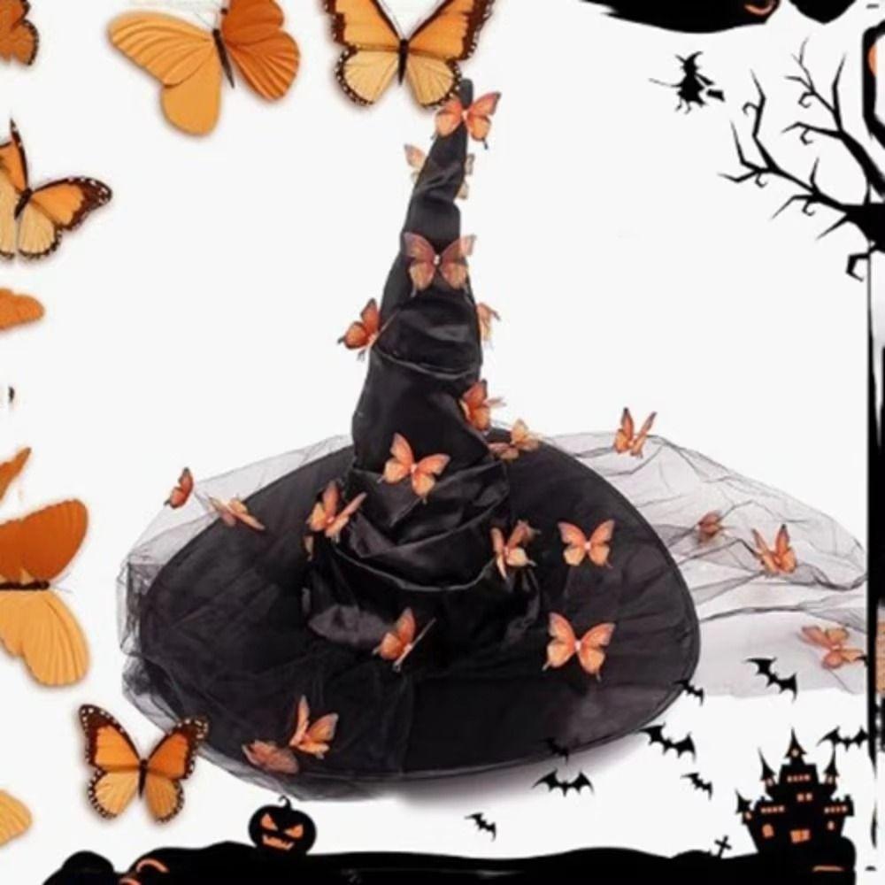 Mesh Yarn Cover Butterfly Witch Hat Colorful Butterflies Design Wizard Cap With Veil Durable Masquerade Cap Women's Costume