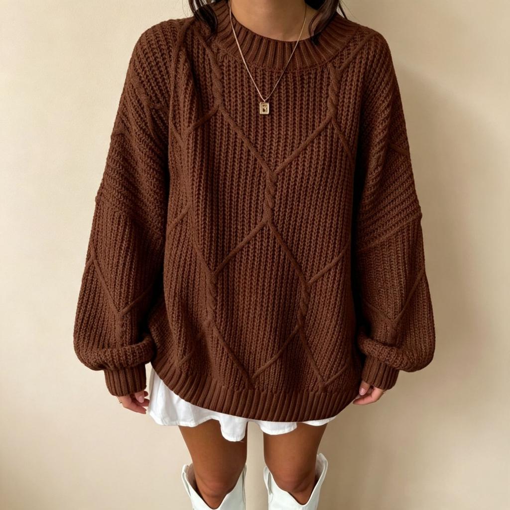 Women's Pullover Sweater, Cable Knit, Loose Fit, Round Neck, Color