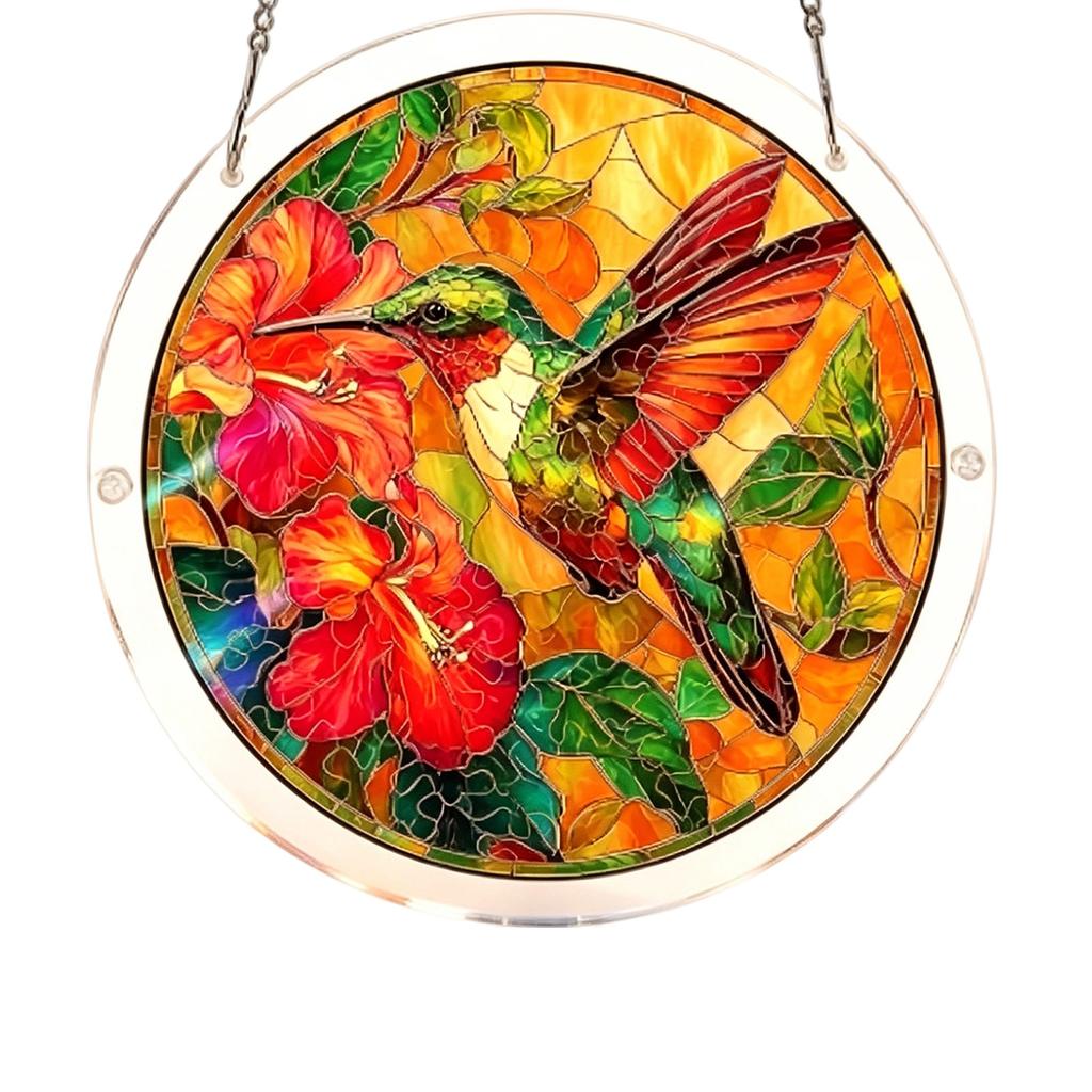 Acrylic Puzzle Hanging Ornament 83 2D Round Suncatcher with Hummingbird and Floral Pattern for Home Window Decor Display