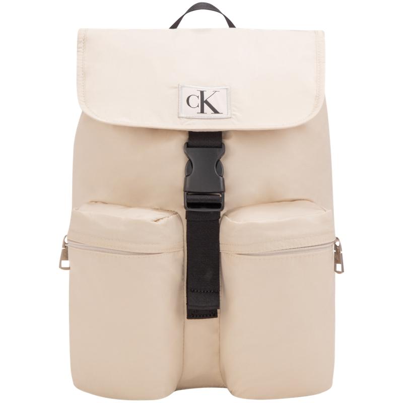 Calvin Klein Minimalist Embroidered Logo Flap Drawstring Travel Fabric Backpack Men backpack Ivory DH3615-GTR Ivory White,Basic Set (Bag)