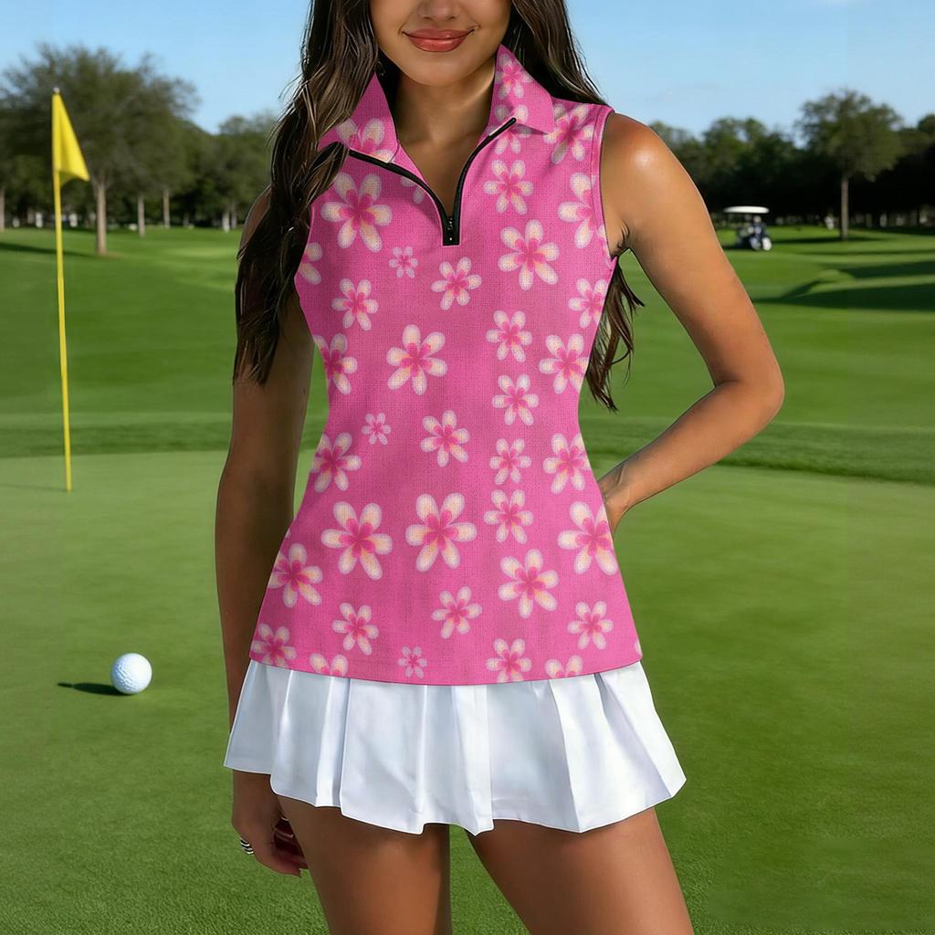 Women Sleeveless Golf Polo Shirt with Zipper Collar Printed Athletic Tank Top for Outdoor Sports and Casual Wear
