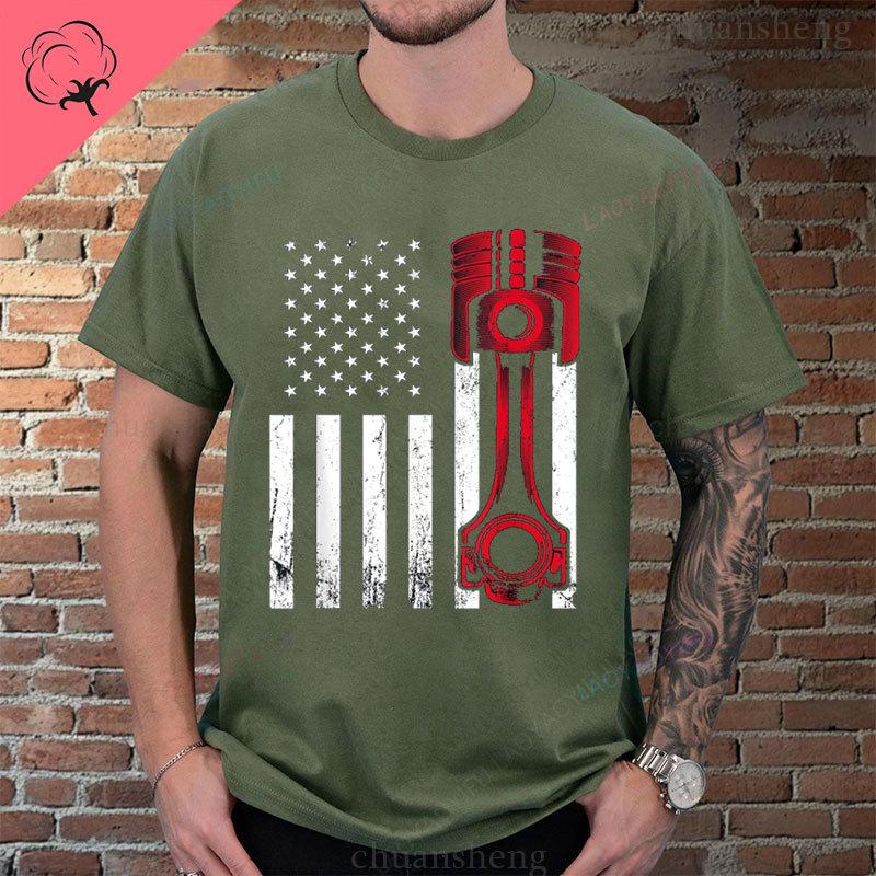 Camiseta Car Enthusiast American Flag Piston Muscle Car Gift Tshirt New Style Crewneck Cotton Short Sleeve Vintage Graphic Tee