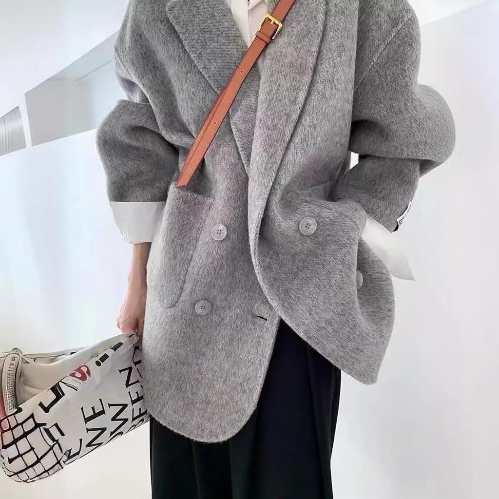 2025 Women's Grey Double-Faced Cashmere Blazer Coat - Trendy Loose Fit for Autumn and Winter