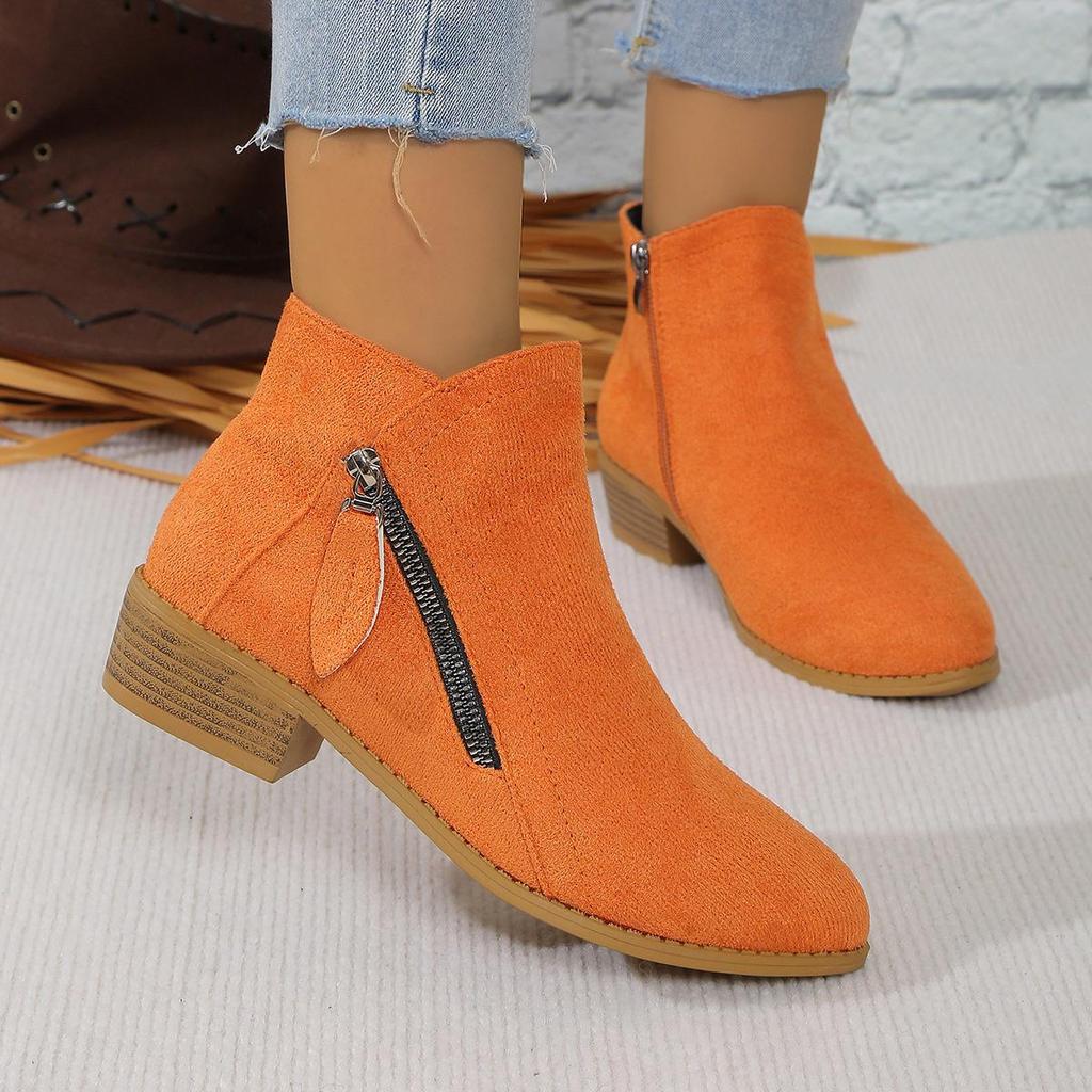 Women's Suede Martin Boots with Thick Low Heels and Side Zipper - Large Size Available