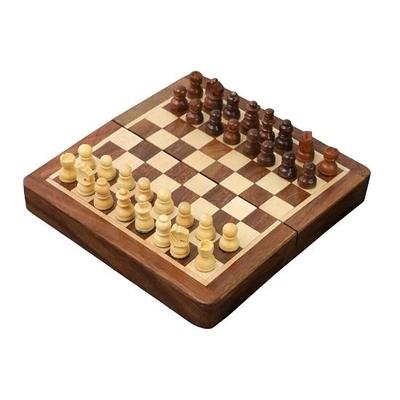 Rosewood Chess Set Golden Wooden Inlaid Magnetic With Folding Board 12.7cm