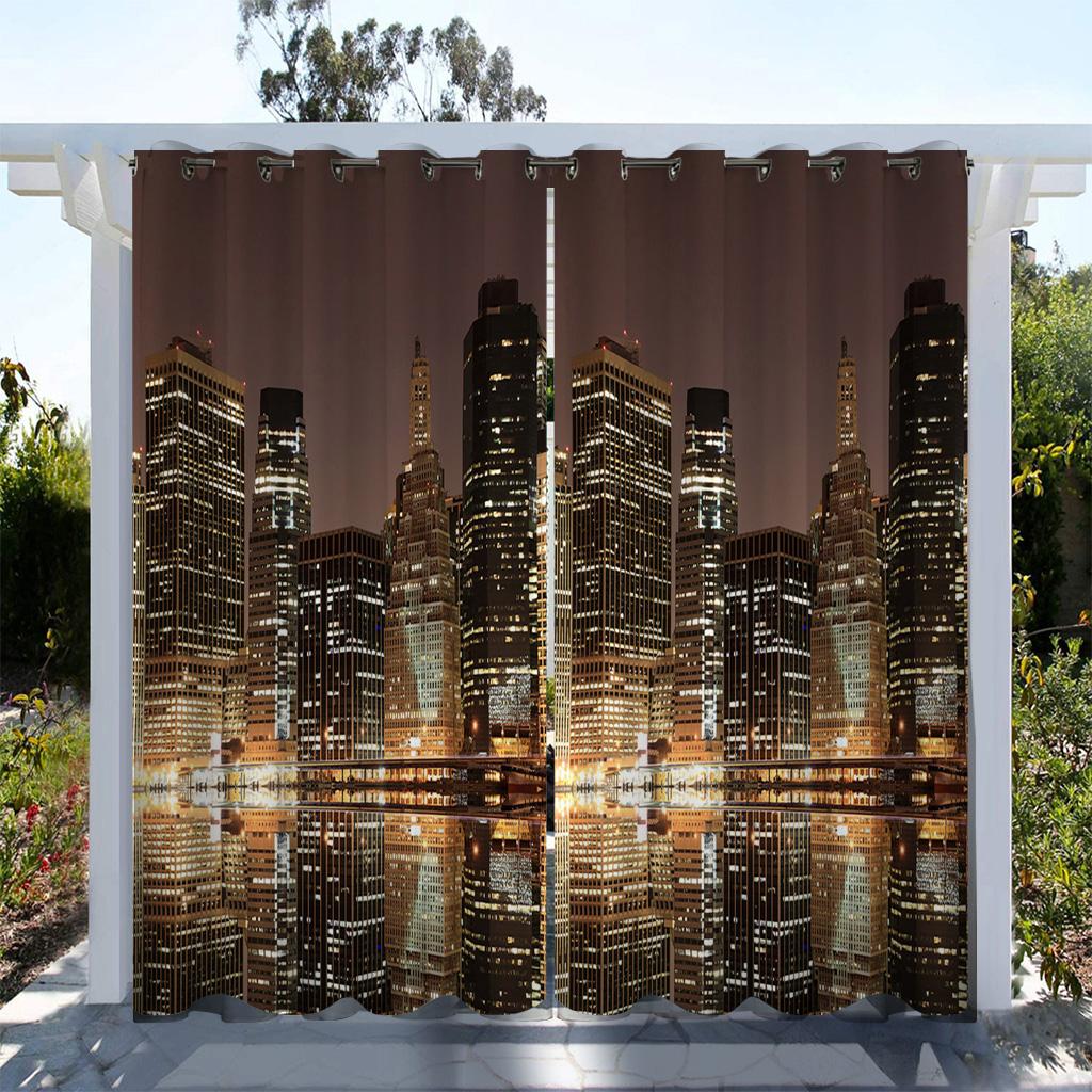 1pc Outdoor Waterproof Oil-proof Curtains,Modern Sunshade City Light Night View River Building Print Curtain For Living Room