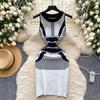 Summer Women French Senior Knitting Sweater Tank Dress Female O Neck Sleeveless High Elastic Slim Fit Sundress Patchwork Chic OL Mini Dress