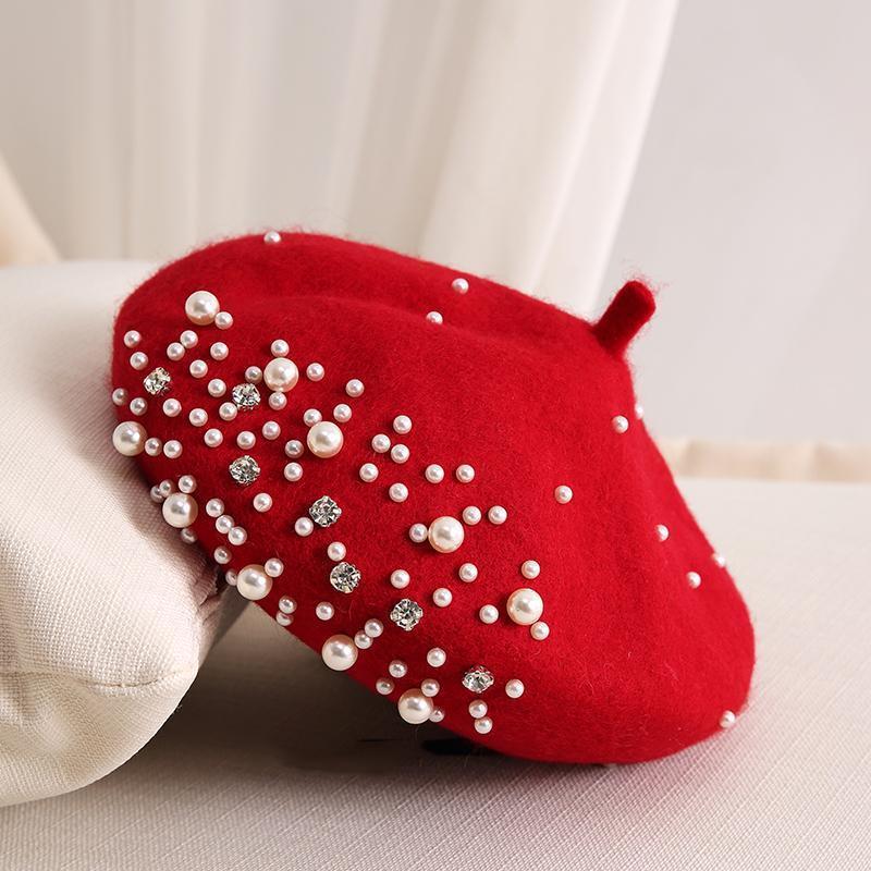 Dames S Wol Baret Met Parel Strass Herfst Winter Vintage Schildersmuts