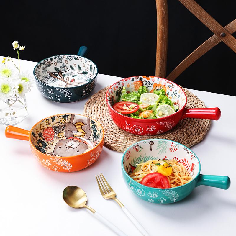 Ceramic Hand Painted Handle Bowl Creative Cartoon Breakfast Salad Bowl With Handle Gratin Bowl Baking Bowl Breakfast Bowl