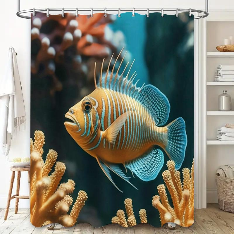 Stylish Fish Print Shower Curtain Waterproof Fabric Bathroom Decor Waterfall Design Blue Gold Marine Life Indoor Decoration Size