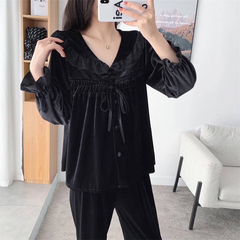 Velvet Lapel Long Sleeved Cardigan Pants Pajama Set Loose Fitting Casual Home Wear Women's Sexy Lace Edge Sleepwear Loungewear