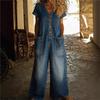 26Y2 Neue Damen Vintage Sommer Knopf Tasche Bequem Kurzarm Lässig Einteiler Weiter Bein Latzhose Kleid