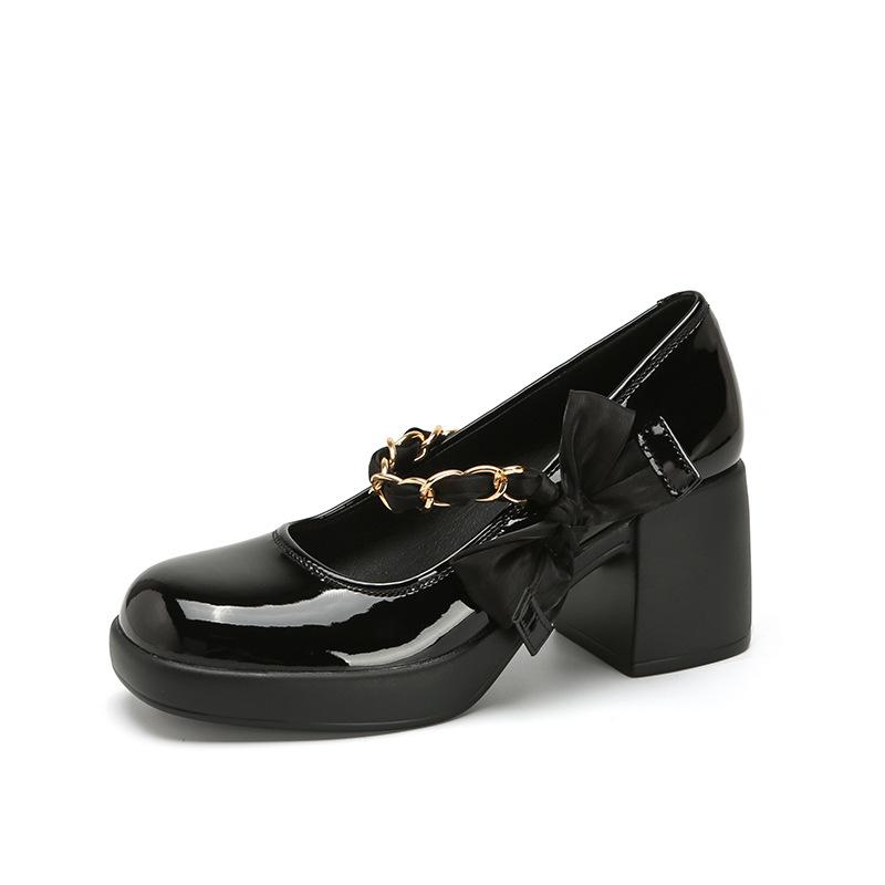 

Тринадцать линий французских туфель Мэри Джейн из натуральной кожи, женские туфли 2025 года, новые французские туфли на высоком толстом каблуке с перекрестными пряжками, ретро-туфли на высоком каблуке 34 чёрный