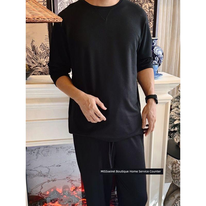 

Niche Light Luxury ~ round Neck Men s Modal Pajamas Autumn and Winter Long sleeve Trousers Warm Simple Home Wear Set Black 185 (height 180~190)