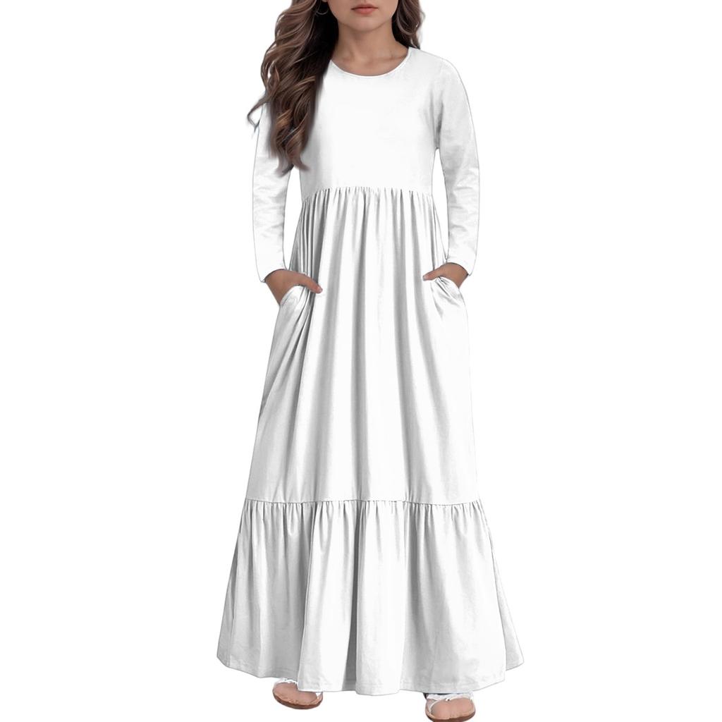 Girls' Maxi Dress Casual Holiday Dresses - Long Sleeve Dress With Pockets For 4-14Y