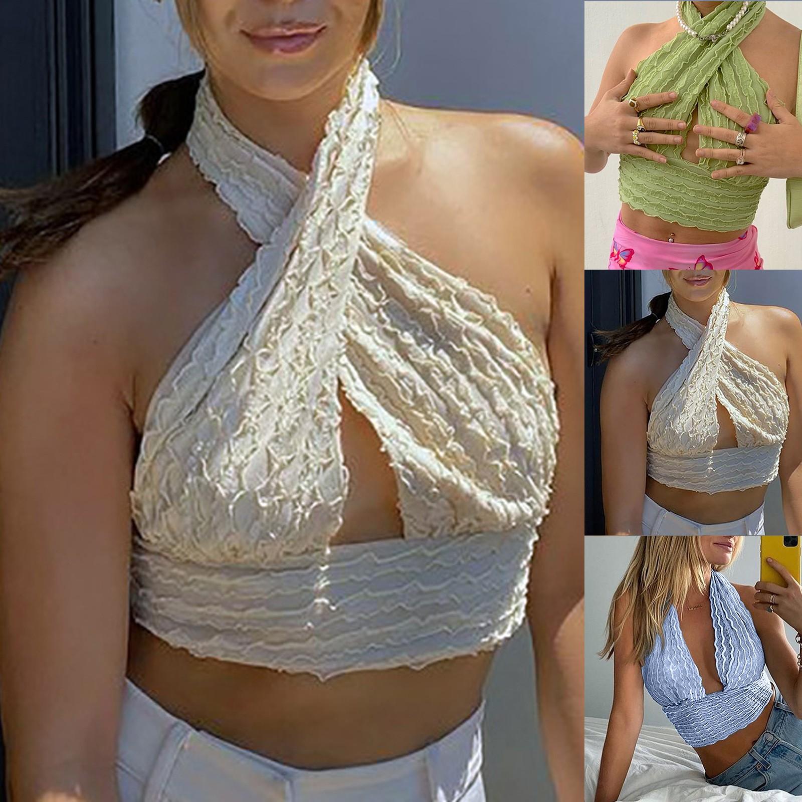 

Fashion Womens Solid Color Hanging Neck Casual Strappy Sling Sleeveless Tank Top