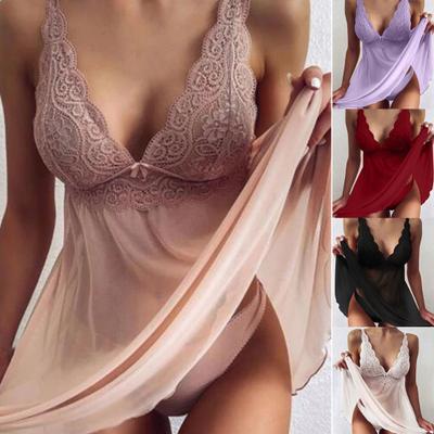 Conjunto de Vestido de Pijama de Encaje Crochet con Cuello en V Profundo, Dobladillo con Costuras, Lazo, Transparente, Tirantes, Camisón, Vestido de Noche